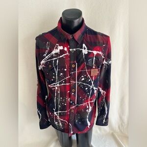 American Heritage Shirt Mens XL Red Plaid Paint Splatter Roll Tab Long Sleeve